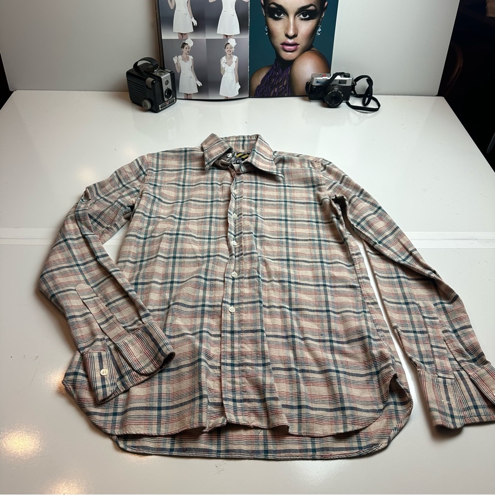 Big Rock Canyon Beige Plaid Button-Down Shirt Men’s Medium Cotton Casual